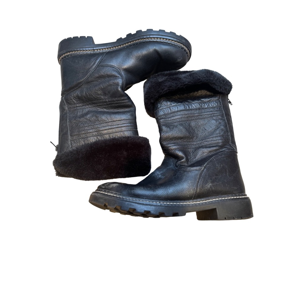 GH Bass Womens Black Leather Faux Fur‎ Trim Winter Boots Lug Sole Rear Zip
